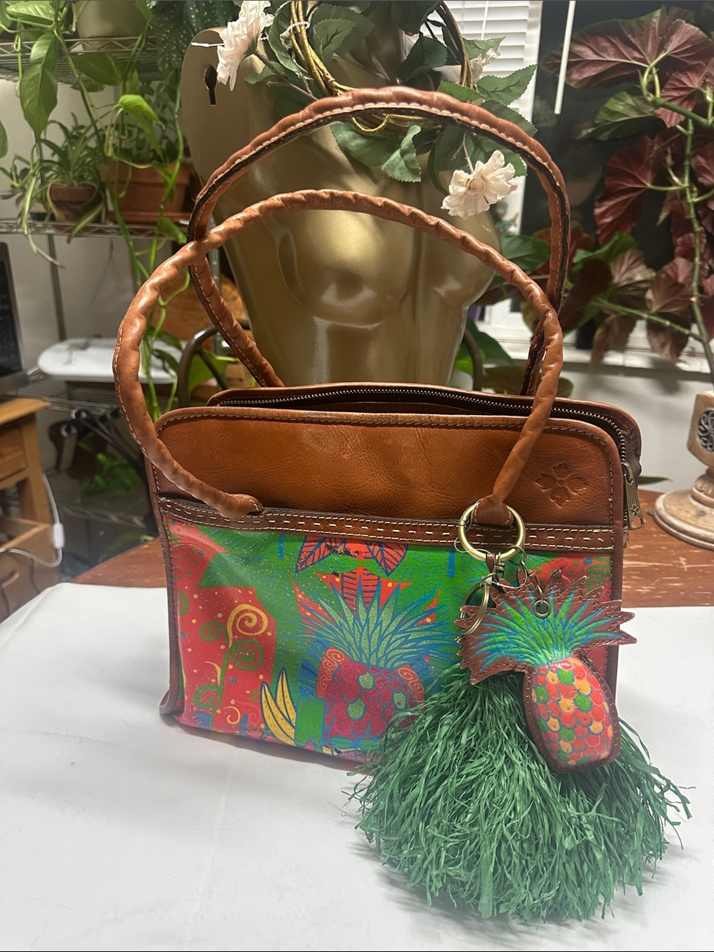 Patricia Nash Pineapple leather and Brown Women's Clutch Bag with key chain Pom